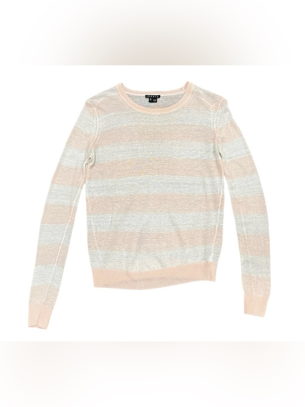 Theory Women’s Yulia Linen Blend Crewneck Sweater Peony Pink/White Stripe Size P